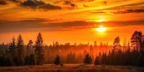 Obraz premium Medium shot of a sunset in the forest with an orange background