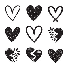 Hand-Drawn Black Hearts on White Background with Varied Shapes and Sizes