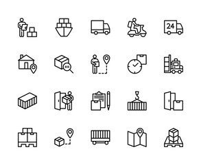 Cargo delivery vector linear icons set. Contains such cargo delivery icons as delivery, logistics, product, cargo, freight and more.