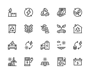 Energy saving vector linear icons set. Contains such energy saving icons as electric car, solar energy, water energy, battery and more.