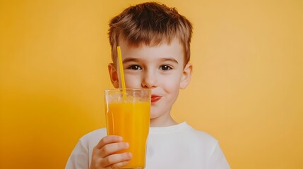 Joyful Child Drinking Refreshing Orange Juice with a Cybernetic Triadic Color Scheme Background Showcasing the Pleasure of Healthy