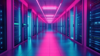 Fototapeta premium A view of a futuristic server room bathed in neon light. The rows of servers are illuminated in hues