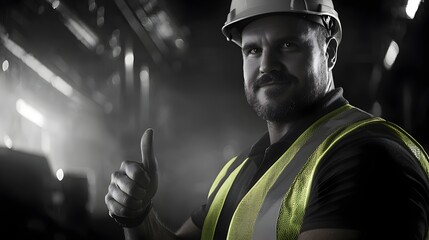 Obraz premium Cybernetic construction worker in safety vest and helmet giving a thumbs up gesture with room for industrial messaging side view Highlights positivity and safety compliance in a cybernetic toned