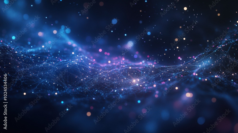 Poster a web of glowing particles and lines forming a network across a dark