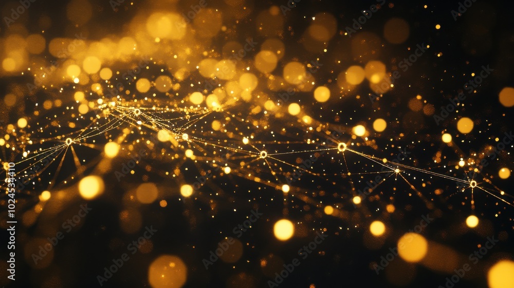 Poster A web of interconnected golden nodes and lines, creating a network or digital mesh