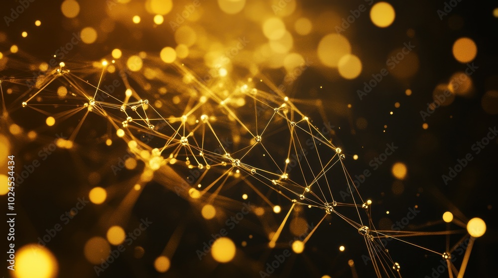 Poster A web of interconnected golden nodes and lines, creating a network or digital mesh