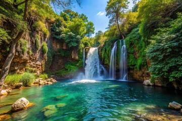 Fototapeta premium Medium shot of Banias Waterfall located in Golan Heights Banias Nature Reserve