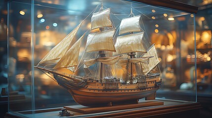 A detailed wooden model of a sailing ship with three masts and sails, displayed in a glass case.