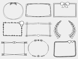 Set of simple frames doodle vector different style. Curve borders pencil effect grunge line, Isolated on white background.