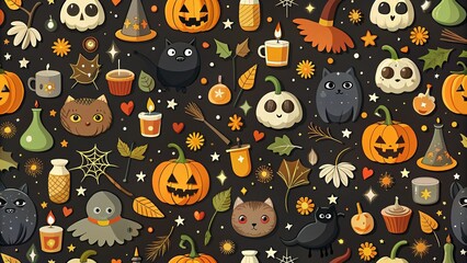 Seamless Halloween Pattern with Cat, Pumpkin, Bat, Spider, Ghost, and More - Vector Illustration for Spooky Designs