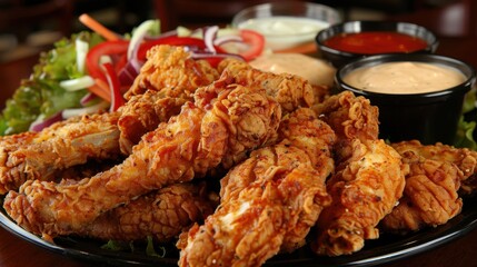 Crispy Fried Chicken with Fresh Vegetables and Dips