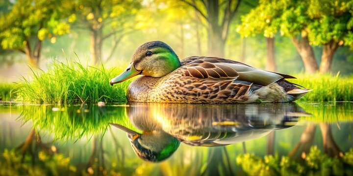 Serene Double Exposure of a Sleeping Duck in the Grass at Tablas de Daimiel National Park