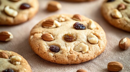 Fresh Homemade Cookies with Nuts and Raisins Decorated with Nuts on Brown Pastel Background