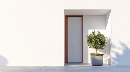Front entrance of a modern minimalist house with a patio. illustration 