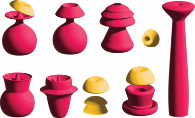 a collection of abstract 3D shapes and components in vibrant red and yellow colors. The shapes resemble futuristic vases, containers, and modular objects, each with unique forms.
