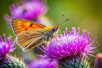Obraz premium Small Skipper Butterfly on Purple Thistle - Nature Photography