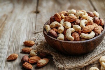 A wooden bowl filled with a mix of nuts and raisins, including almonds, pistachios