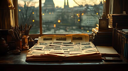 Obraz premium An open book filled with vintage photographs sits on a wooden desk by a window overlooking a city skyline.