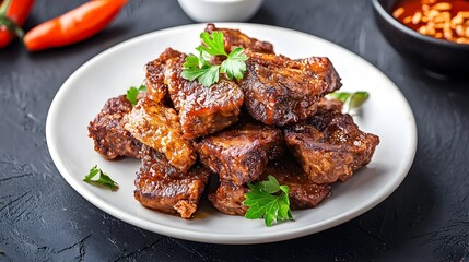 Fototapeta premium Crispy Fried Tempeh on a White Plate with Ample Copy Space Showcasing Authentic Flavors of Indonesian Cuisine and Design Flexibility for Digital Visuals
