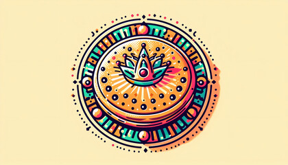 A vibrant round cake with intricate crown design, decorated with colorful patterns and festive motifs