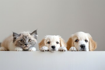Cute kitten and two puppies peeking over a white surface, playful and heartwarming.