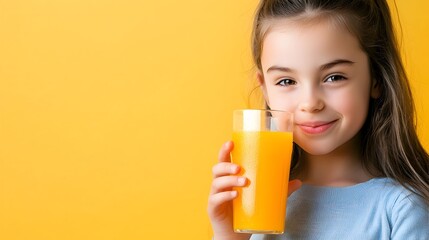 Cheerful and Vibrant Portrait of a Young Girl Smiling While Drinking a Glass of Fresh Orange Juice with a Blank Complementary Color Scheme Background Perfect for Healthy Lifestyle Promotions