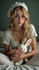 Cozy Close-Up of Blonde Woman and Stuffed Rabbit