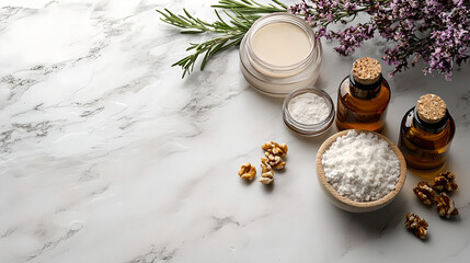 Natural Beauty Products on Marble Background
