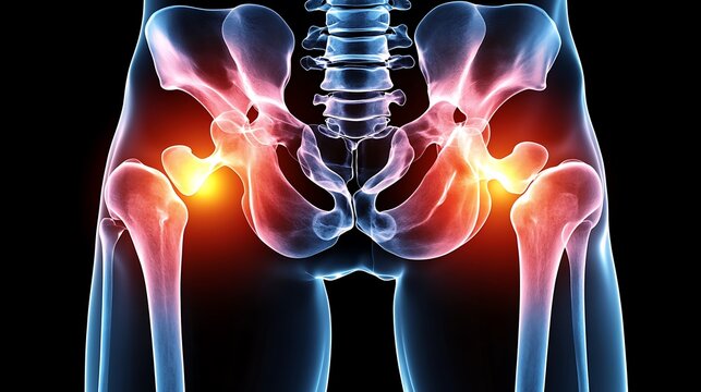 Hip joint X-ray, bright orange highlight indicating pain zone, clear bone structure, glowing orange overlay effect, contrasting blue tint for unaffected regions,