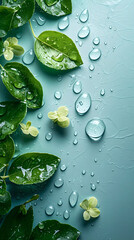 Fresh Green Leaves with Water Droplets and Flowers