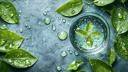 Fresh Leaves and Water Drops on Textured Surface