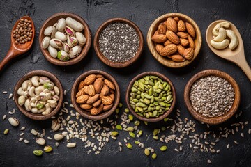 An overhead view of various nuts and seeds arranged in wooden bowls and spoons on a dark