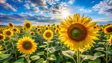 Obraz premium Sunflower field under a bright blue sky. perspective