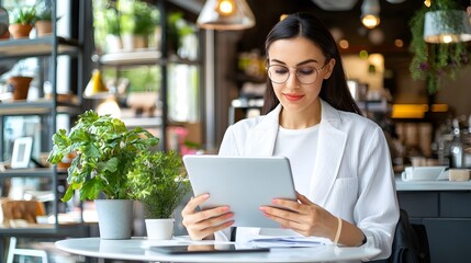 Fototapeta premium Young Female Entrepreneur Working on Digital Tablet in Stylish Minimalist Coffee Shop Environment Ideal for Showcasing Modern Business and Technology