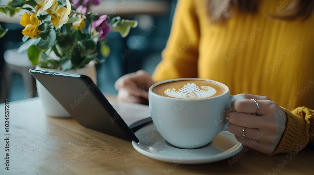 Poster stylish female small business owner utilizing digital tablet device for work in chic creative cafe w