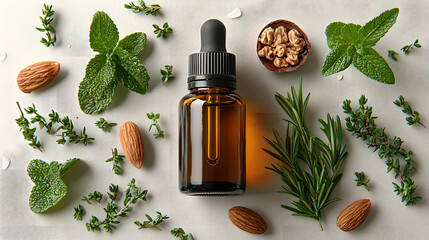 Essential Oils and Fresh Herbs Arrangement on Surface