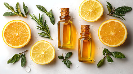 Fresh Citrus and Herbal Oil Arrangement with Bottles