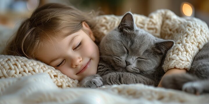 Child and cat sleeping together on the bed