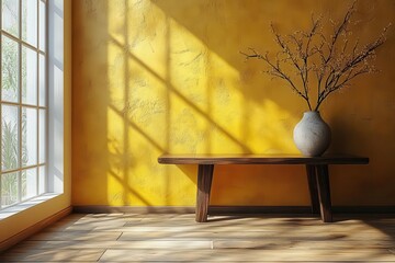 textured mustard yellow wall providing ample copy space perfectly paired with a minimalist table in a kitchen setting emphasizing simplicity and style