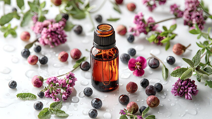 Essential Oil with Fresh Flowers and Berries Arrangement
