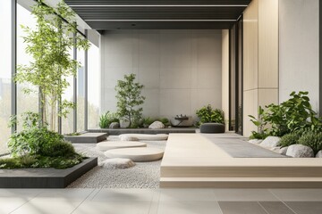 Fototapeta premium Office zen workspace, a calm, minimalist office with plants and a peaceful atmosphere to enhance productivity