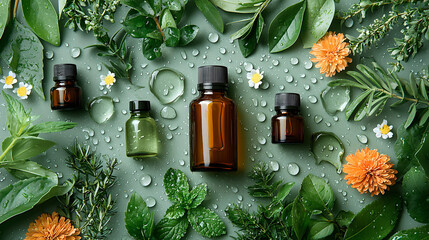 Natural Oils with Green Leaves and Water Droplets