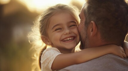 Fototapeta premium Loving father embracing his happy daughter at sunset