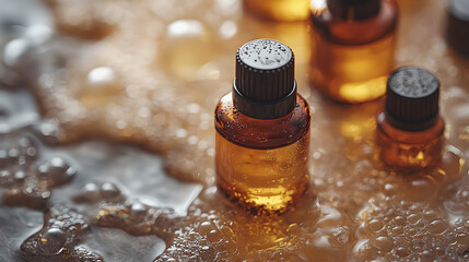 Amber Bottles with Droplets on Smooth Surface