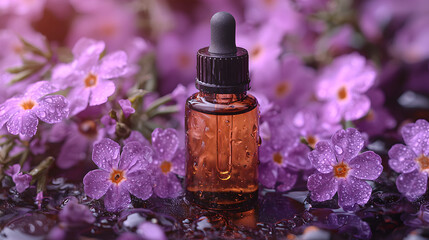 Aromatherapy Oil with Purple Flowers and Dew Drops