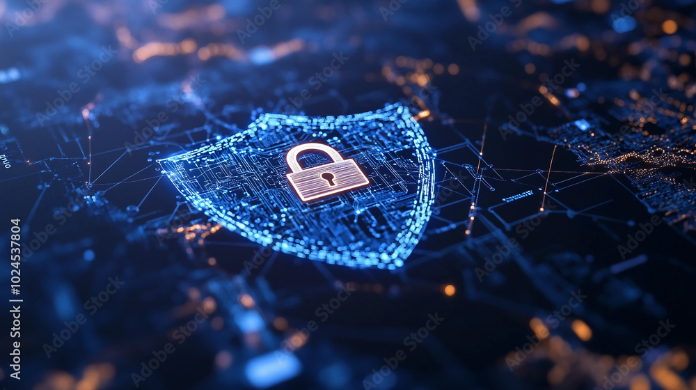 Poster understanding the importance of cybersecurity with a digital lock representation