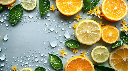 Fresh Citrus Fruits with Water Drops and Green Leaves