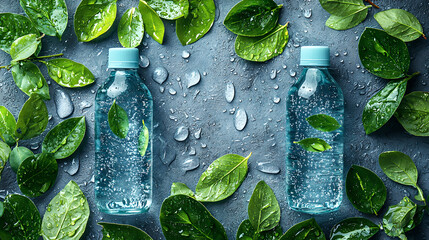 Refreshing Water Bottles Surrounded by Green Leaves