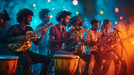 Captivating Live Performance: A Vibrant Band Celebrating Music with Diverse Instruments and Lively Energy in a Colorful Atmosphere