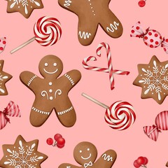 Seamless pattern with traditional gingerbread cookies and peppermint candy canes and lollypops. Hand drawn pattern in watercolor pattern. Pink Christmas. Perfect for wrapping paper, festive decor. 